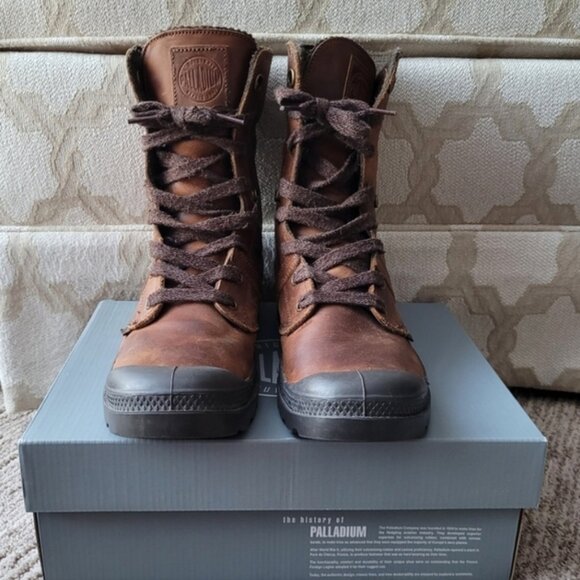 Palladium Pallabrouse Baggy Foldover Leather Boots Felt Lined Lace Up Brown 8.5 - Picture 2 of 14